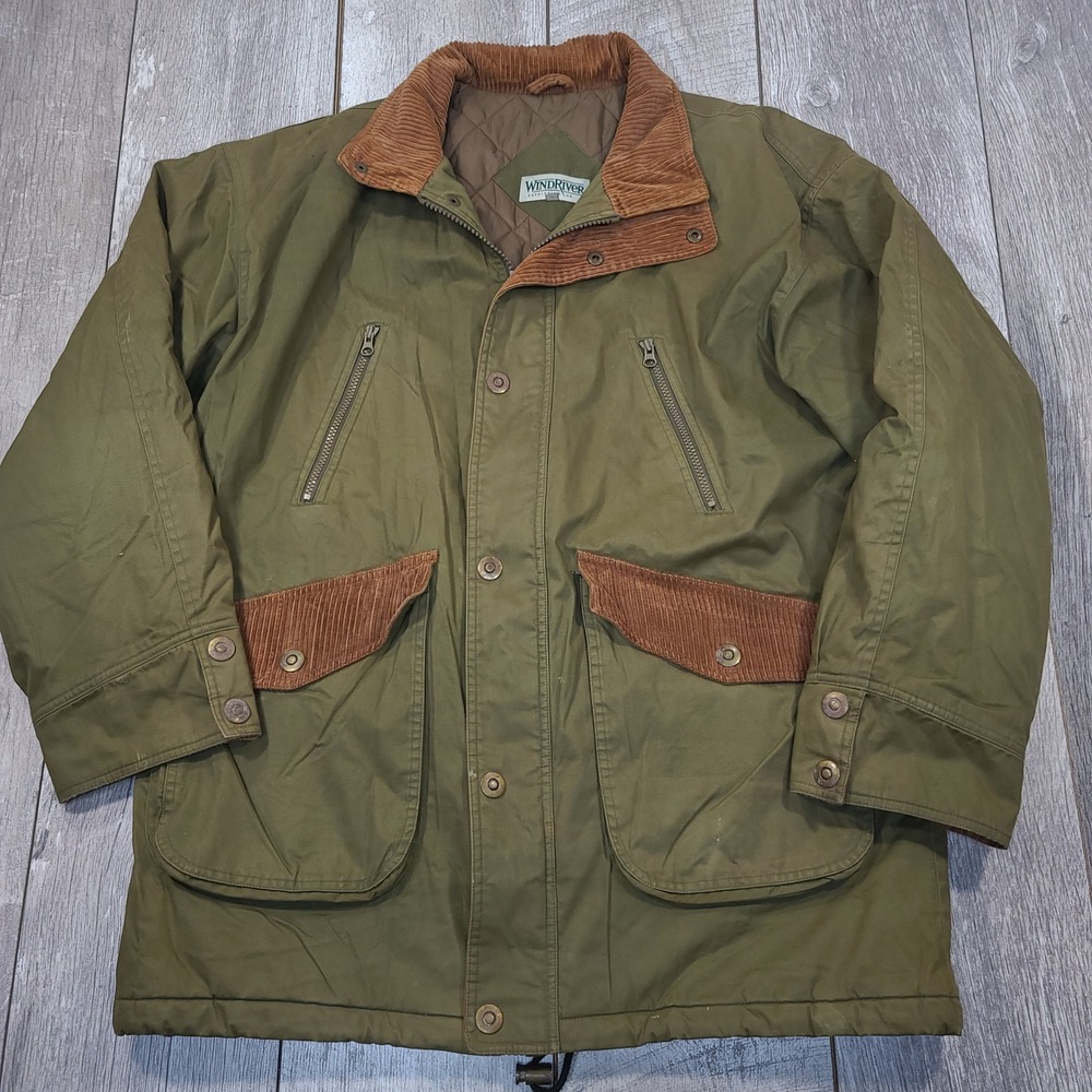 WindRiver Barn Jacket Mens L Green Corduroy Trim Quilted Plaid Lined Field Coat